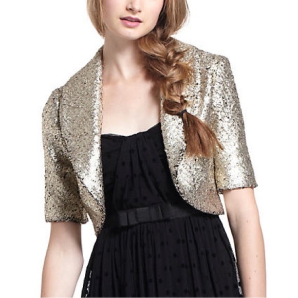 Anthropologie Elevenses Cropped Jacket Gold Foil Wool Bolero XS Preppy Academia - Picture 10 of 10